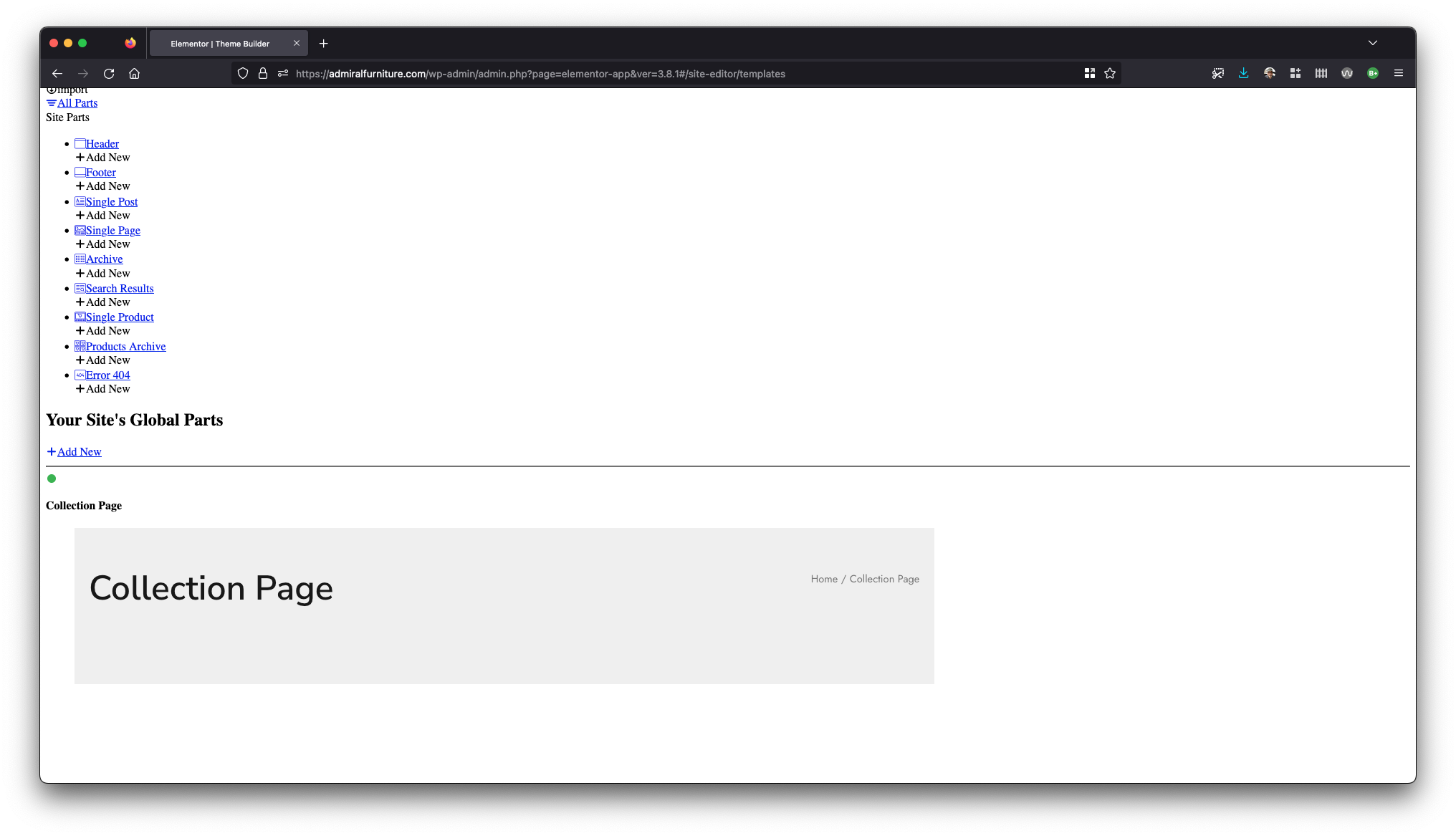 elementor theme builder wpcom appearance Admiral Furniture